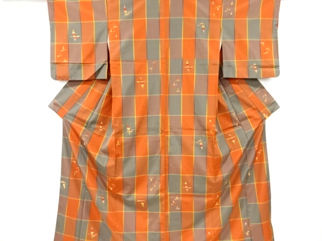 格子に葉模様織出し米沢紬着物